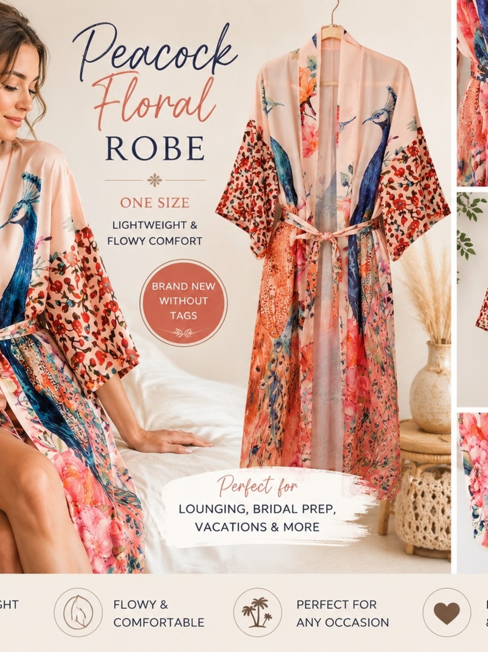 New Peacock Floral Watercolor Robe Boho Loungewear Cover Up Boho Resort